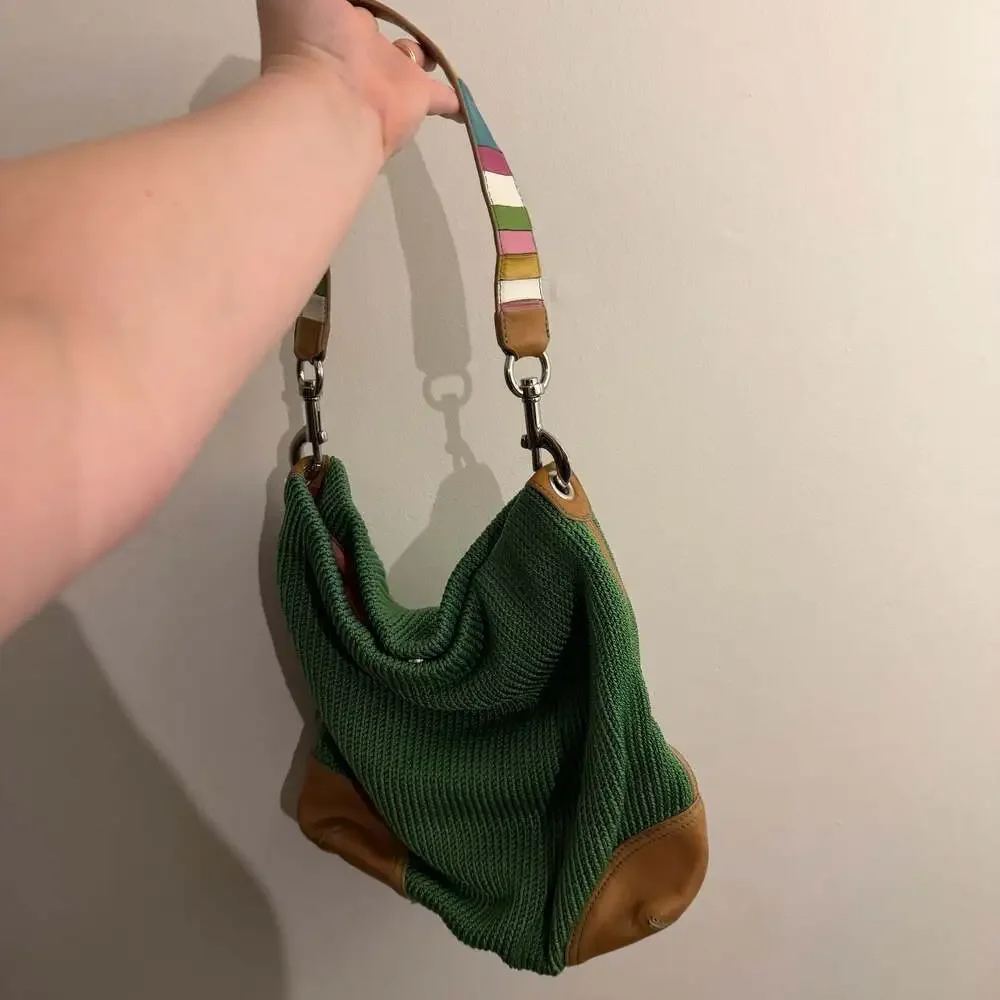 The Sak Pink Label Green Woven Shoulder Bag Rainbow Strap Y2K Kidcore